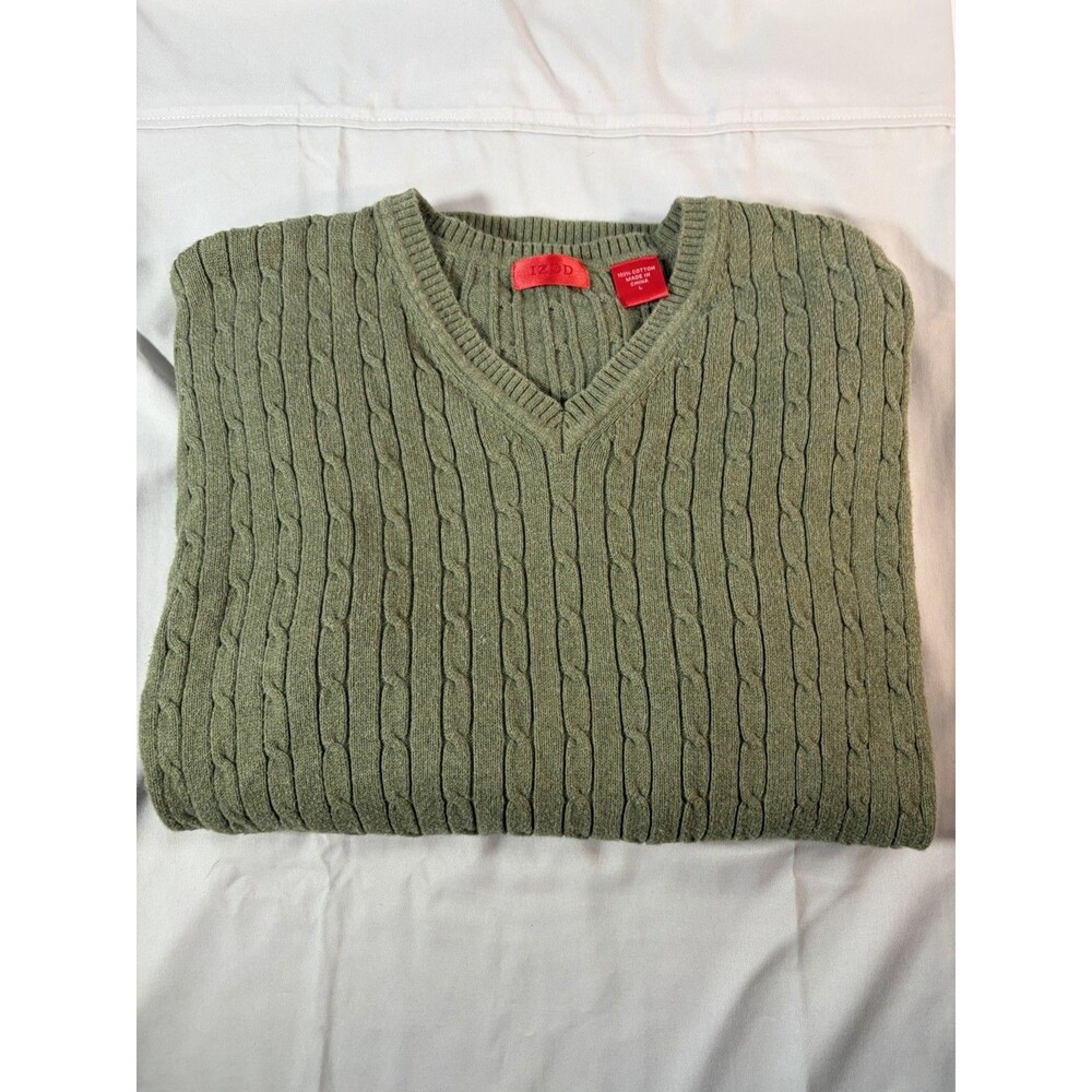 Izod Knit Sweater Men's Large Olive Green V-Neck Long Sleeve Cotton EUC